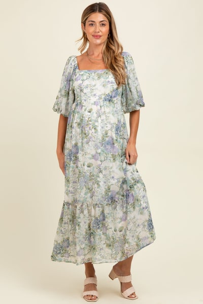 PinkBlush Lavender Floral Square Neck Puffed Sleeve Maternity Maxi Dress