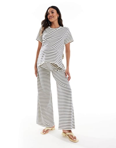 ASOS Mamalicious Maternity wide leg jersey pants in cream and navy stripe - part of a set