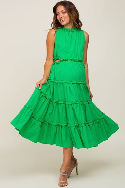 PinkBlush Green Tiered Ruffle Cutout Maternity Midi Dress