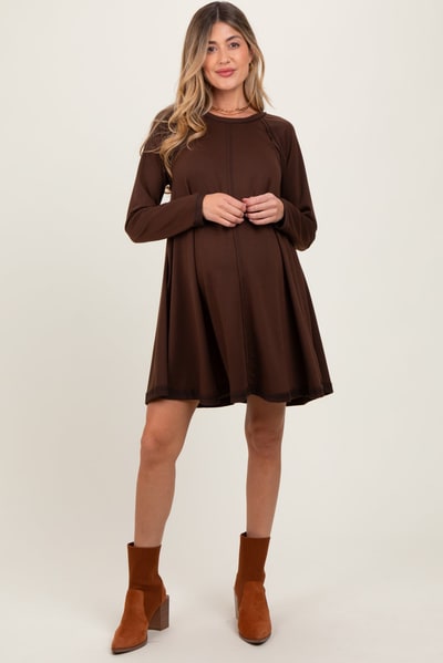 PinkBlush Brown Crew Neck Flared Fit Long Sleeve Maternity Mini Dress
