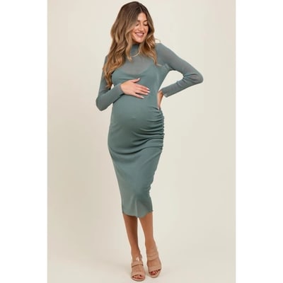 Target Pinkblush Light Olive Shimmer Mesh Long Sleeve Ruched Maternity Midi Dress Small