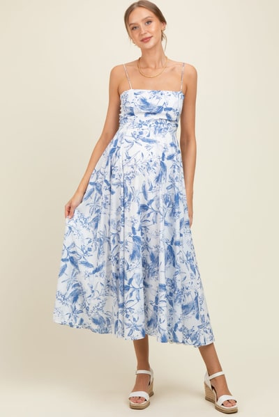 PinkBlush Blue Spaghetti Strap Printed A-Line Maternity Midi Dress
