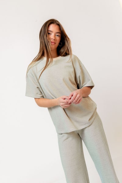 Worth Collective Naomi Striped Oversized Fleece Short Sleeve Top in Cream/Green  - Bump Friendly *PRE-ORDER*