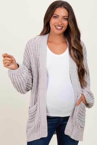 PinkBlush Heather Grey Chunky Knit Oversized Maternity Pocket Cardigan