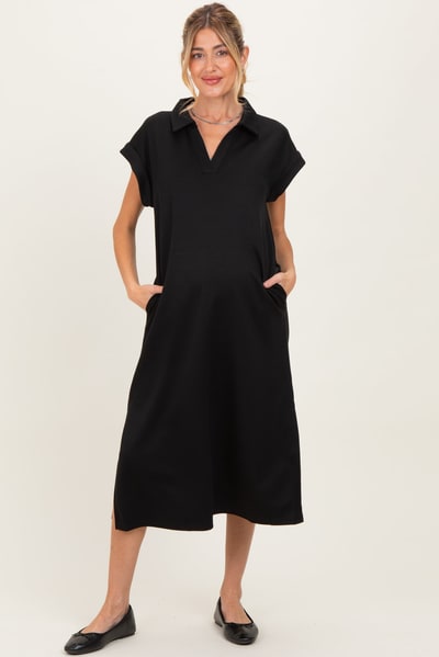 PinkBlush Black Collared Oversized Maternity Midi Dress