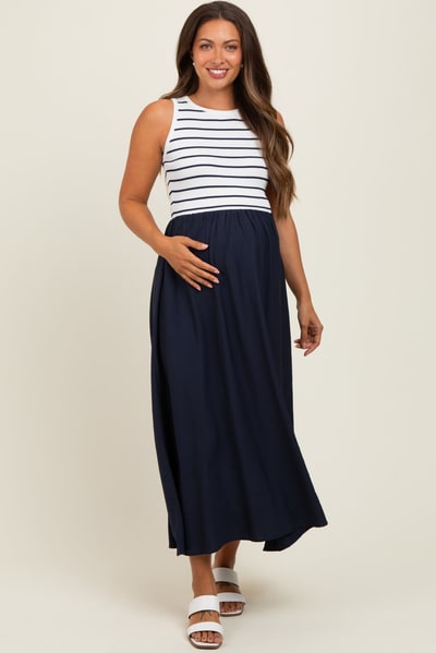 PinkBlush Ivory Contrast Striped Knit Sleeveless Maternity Midi Dress