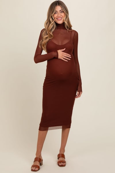 PinkBlush Brown Mesh Overlay Fitted Maternity Midi Dress