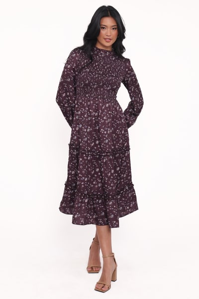 Petal & Pup Edwina Shirred Frill Long Sleeve Midi Dress - Plum Floral