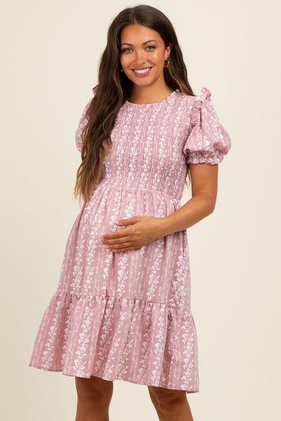 PinkBlush Pink Floral Smocked Ruffle Accent Maternity Dress
