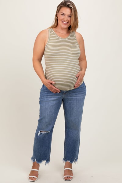 PinkBlush Blue Distressed Open Knee Relaxed Straight Leg Maternity Plus Jeans