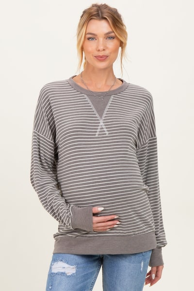 PinkBlush Taupe Striped Crew Neck Pullover Maternity Top