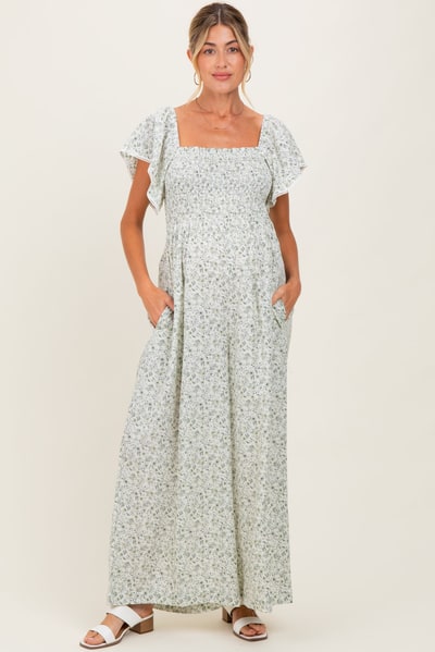 PinkBlush Ivory Floral Smocked Lace Trim Wide Leg Maternity Jumpsuit