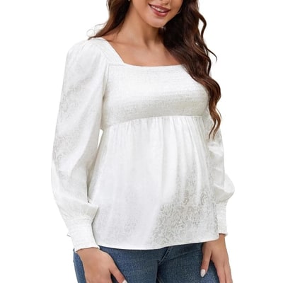 Target INSPIRE CHIC Women's Smocked Maternity Tops Square Neck Long Sleeve Shirts Pregnancy Blouses Large White