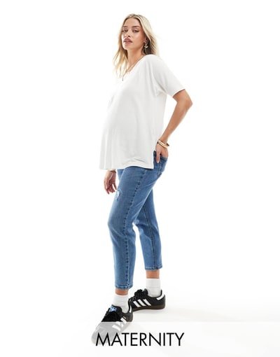 ASOS ONLY Maternity high waist ripped mom jeans in light blue