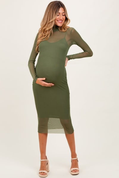 PinkBlush Olive Green Mesh Overlay Fitted Maternity Midi Dress