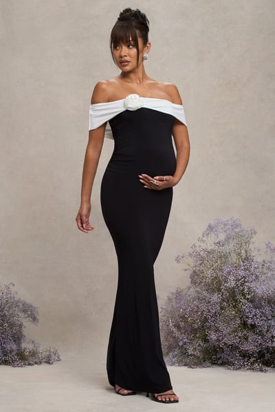 Club L London In Bloom | Black & White Bardot Maternity Maxi Dress With Flower