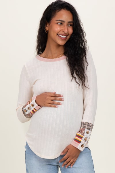 PinkBlush Cream Colorblock Print Detail Long Sleeve Maternity Top
