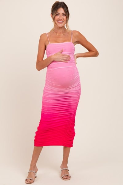 PinkBlush Pink Mesh Ombre Ruched Maternity Midi Dress
