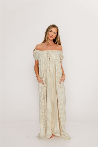 Worth Collective Ensley 100% Cotton Maxi Dress in Green Haze Plaid - Bump Friendly