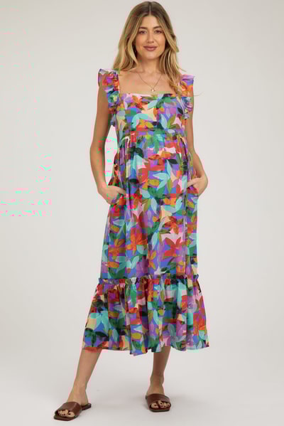 PinkBlush Blue Floral Satin Square Neck Ruffle Strap Maternity Midi Dress