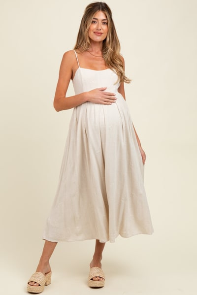 PinkBlush Beige Linen Ribbon Pattern Embroidered Maternity Midi Dress