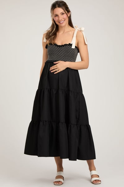 PinkBlush Black Sleeveless Tiered Colorblock Strap Maternity Maxi Dress