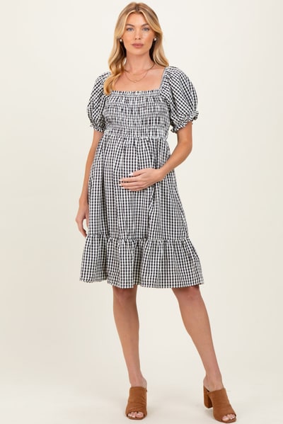 PinkBlush Black Gingham Smocked Puff Sleeve Maternity Dress