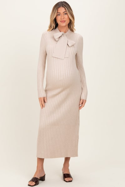PinkBlush Beige Neck Tie Sweater Maternity Dress