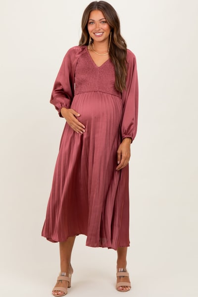 PinkBlush Mauve Satin Smocked Pleated Maternity Midi Dress