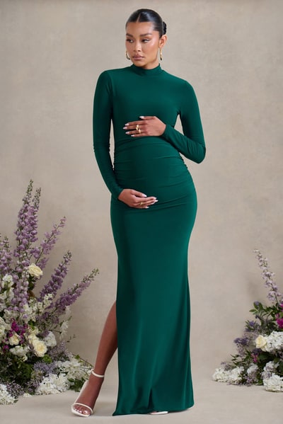 Club L London Alejandra | Green Maternity Long Sleeve High Neck Maxi Dress