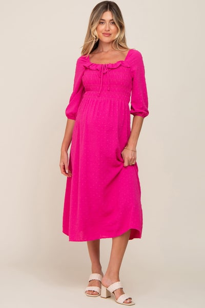 PinkBlush Fuchsia Swiss Dot 3/4 Sleeve Maternity Midi Dress