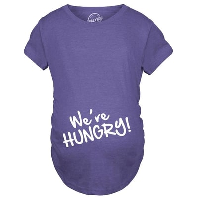 Target Maternity We're Hungry Funny Baby Bump Pregnancy Announcement T shirt - Crazy Dog Maternity T Shirt For Foodies Purple L