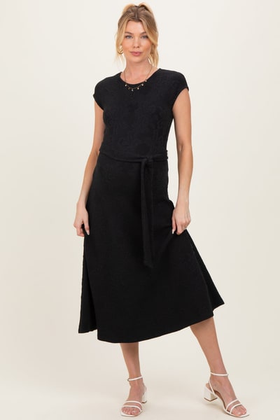 PinkBlush Black Jacquard Waist Tie Maternity Midi Dress