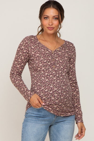 PinkBlush Mauve Floral Maternity Henley Top