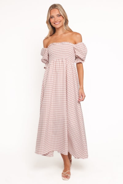 Petal & Pup Siun Short Sleeve Midi Dress - Brown Gingham