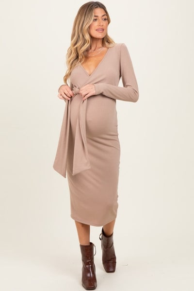 PinkBlush Taupe Ribbed Long Sleeve Maternity Wrap Dress