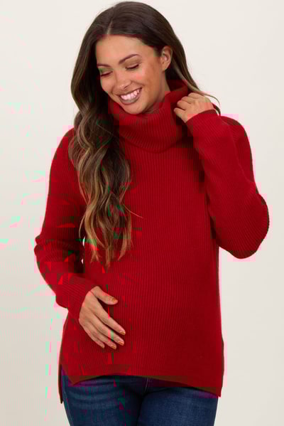 PinkBlush Burgundy Basic Ribbed Turtle Neck Maternity Sweater