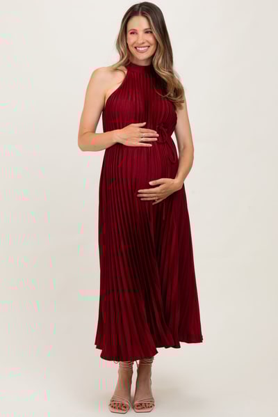 PinkBlush Burgundy Pleated Maternity Halter Dress