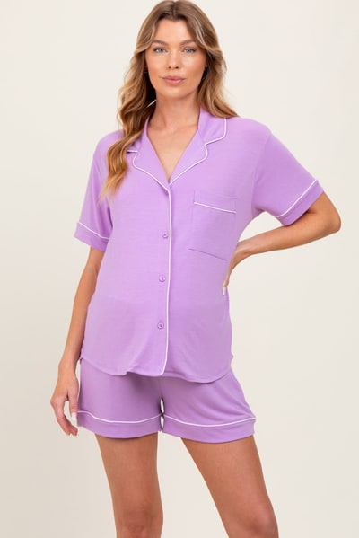 PinkBlush Lavender Short Sleeve Button Down Shirt Shorts Maternity Set