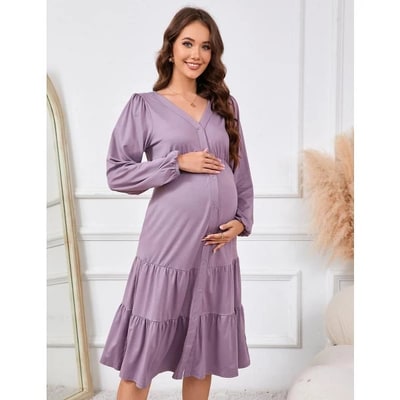 Target WhizMax Womens Maternity Dresses Fall Long Sleeve Midi Dress Casual V Neck Button Down Tiered Flowy Aline Waist Shirt Dress Pink Purple Medium