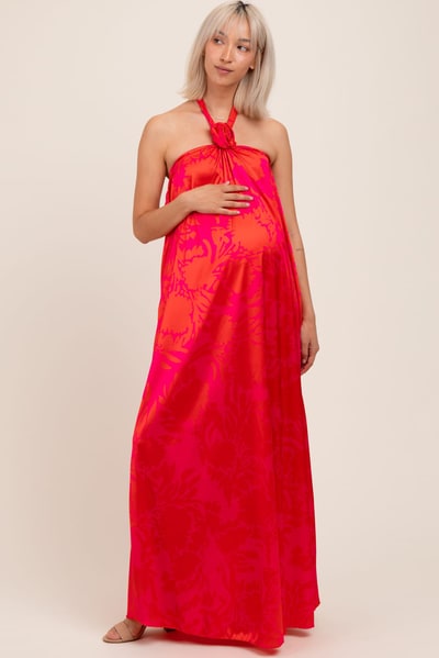 PinkBlush Fuchsia Multi Halter Flower Neck Accent Maternity Maxi Dress