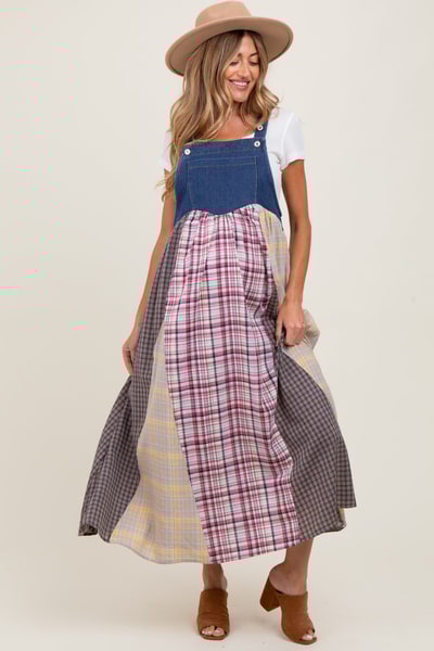 PinkBlush Multicolor Plaid Colorblock Denim Overall Maternity Dress