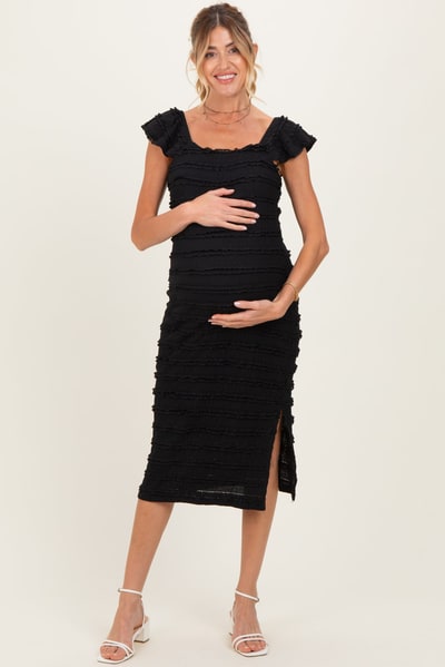 PinkBlush Black Smocked Ruffle Tier Maternity Midi Dress