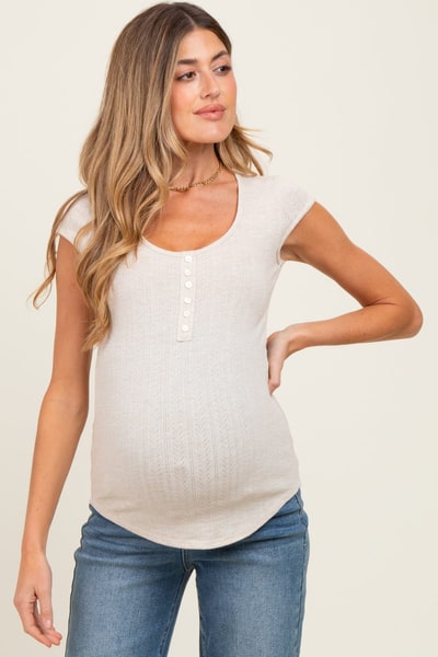 PinkBlush Beige Jacquard Button Front Maternity Short Sleeve Top