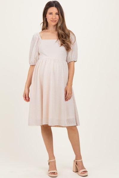 PinkBlush Beige Lace Jacquard Puff Sleeve Maternity Dress