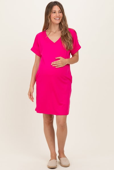 PinkBlush Hot Pink Brushed Rolled Short Sleeve V-Neck Maternity Dress