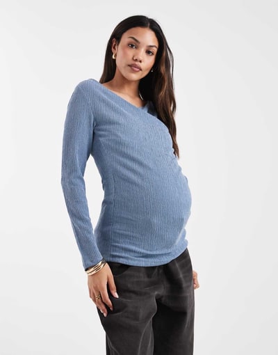 ASOS Mamalicious Maternity textured jersey wrap front nursing friendly top in soft blue