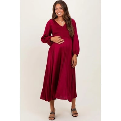 Target Pinkblush Burgundy Satin Smocked Pleated Maternity Midi Dress Large