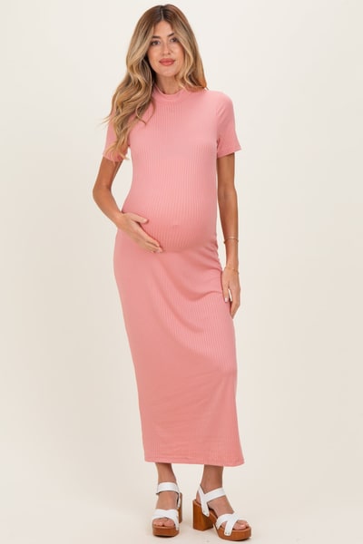 PinkBlush Pink Ribbed Mock Neck Short Sleeve Maternity Midi Dress