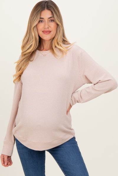 PinkBlush Beige Textured Rib Crew Neck Maternity Long Sleeve